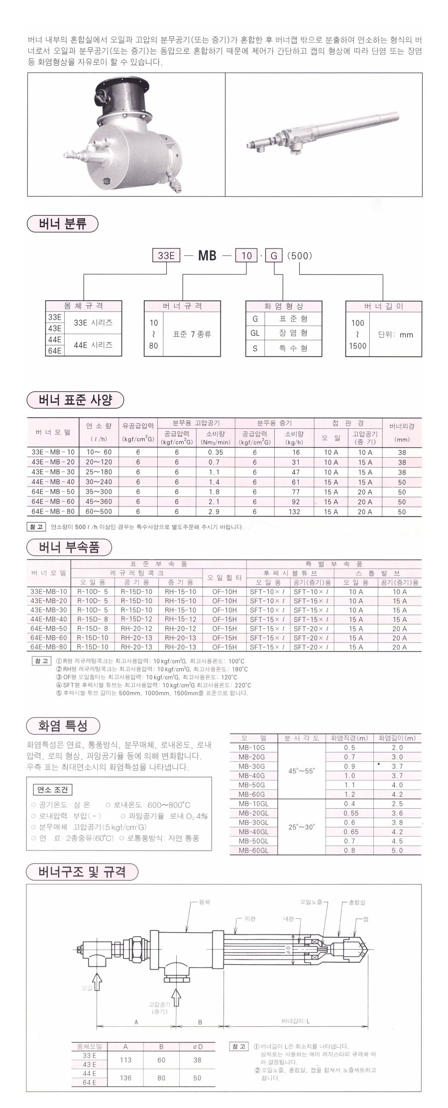 MB-내부혼합식 고압 오일버너 규격 및 치수